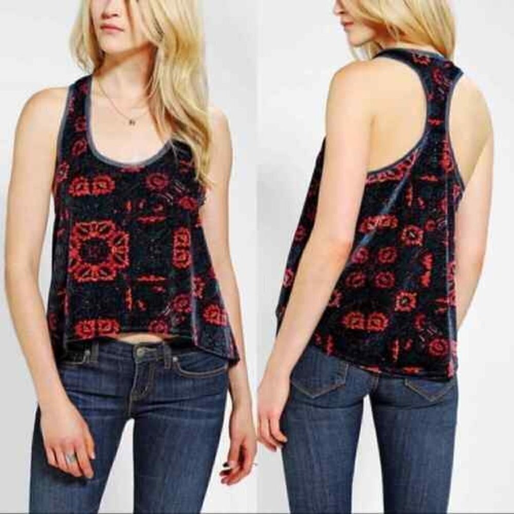 Urban Outfitters UO Ecote Blue & Pink Floral Velour Tank Top L
